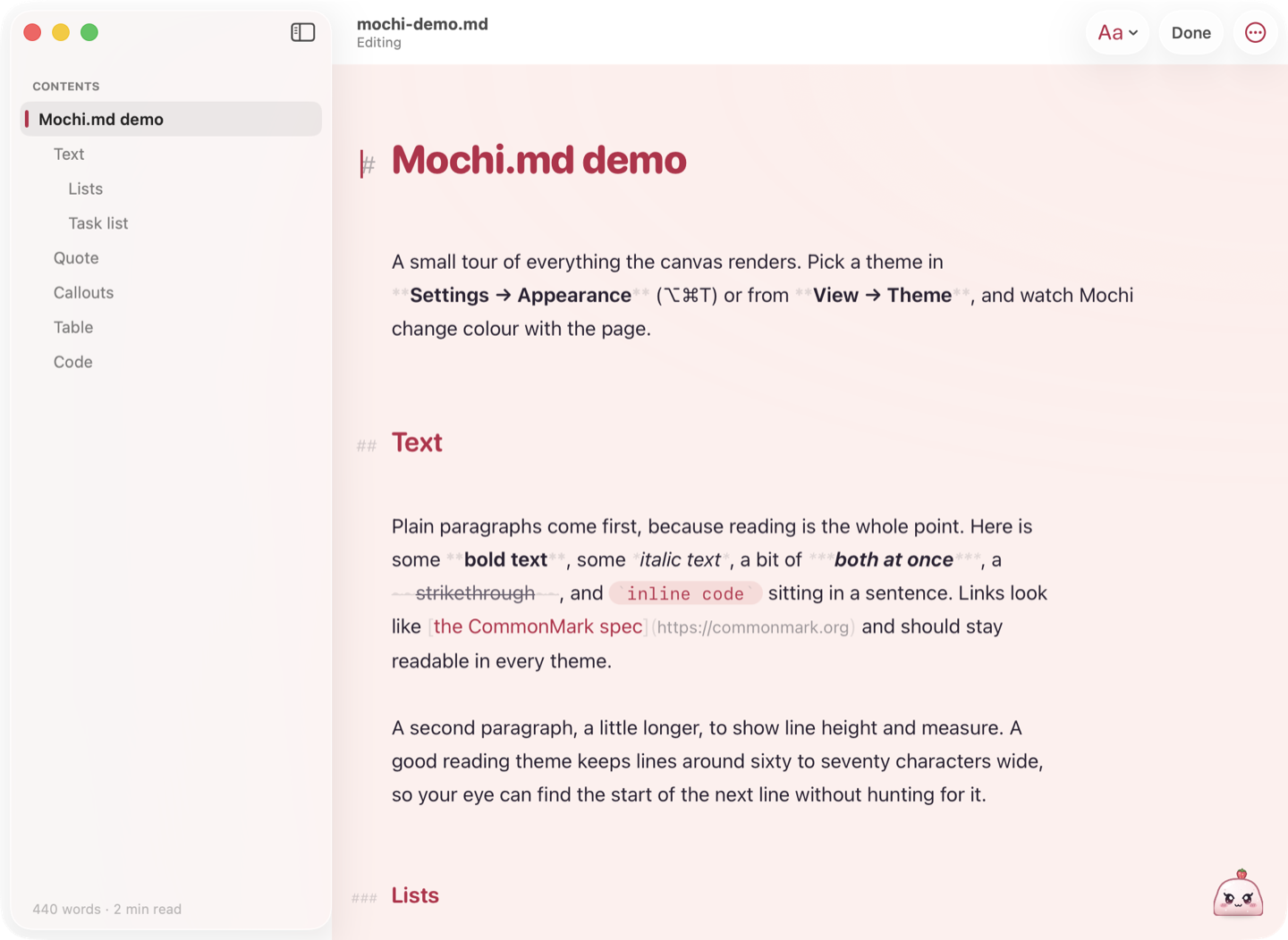 Mochi.md in edit mode, with faint markdown markers next to otherwise styled text
