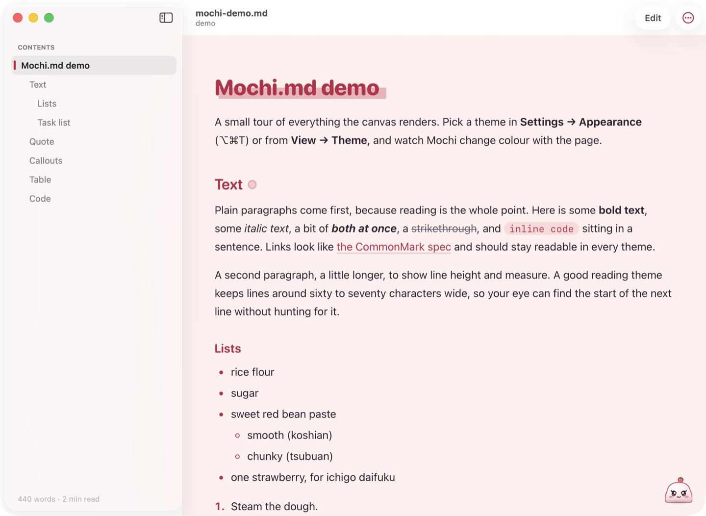 Mochi.md showing a markdown document with a contents sidebar, styled headings and lists, and the small Mochi mascot in the corner