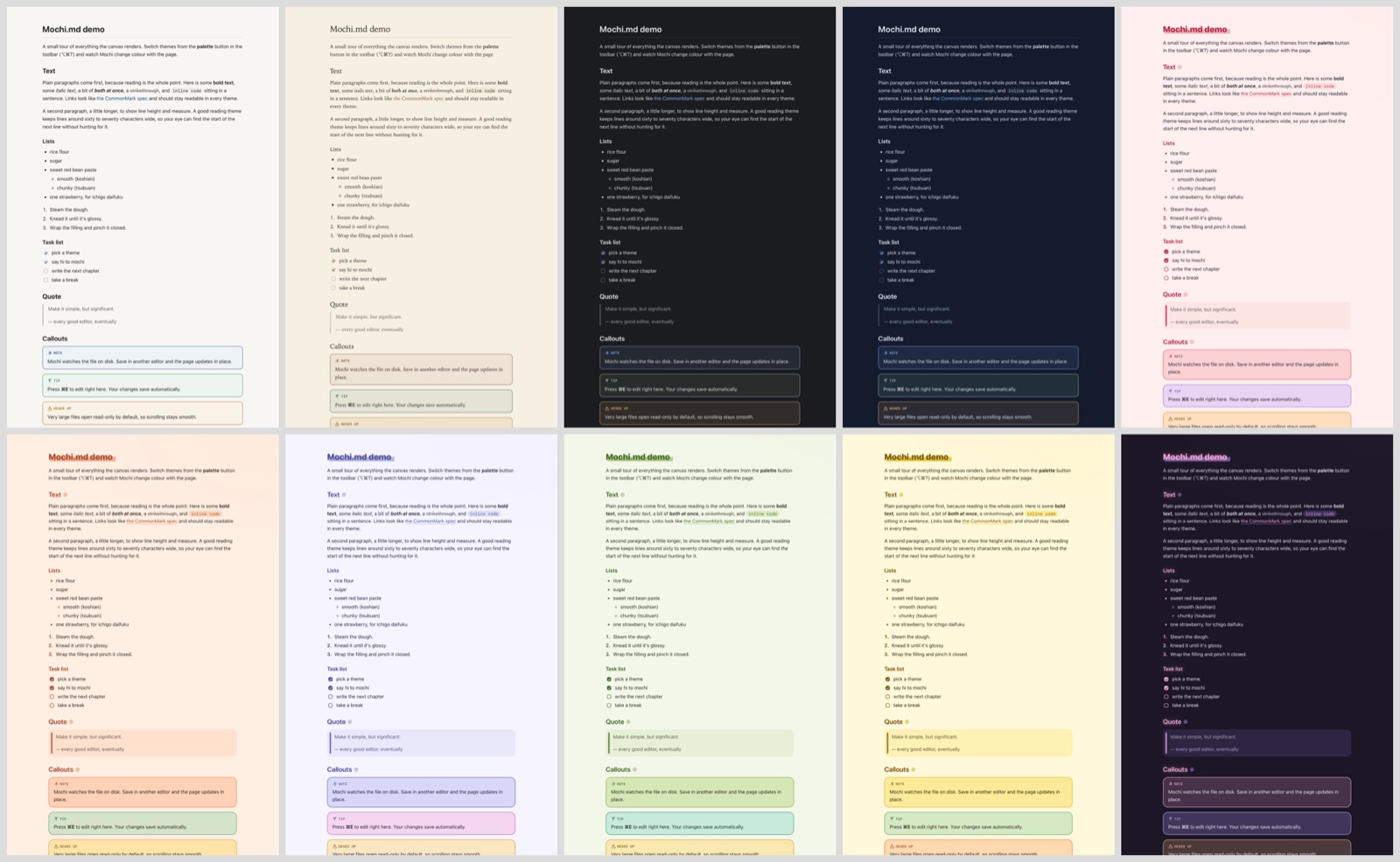 The same document in all ten Mochi.md themes, from plain white and warm paper to pink, peach, lavender, green, yellow and two dark themes